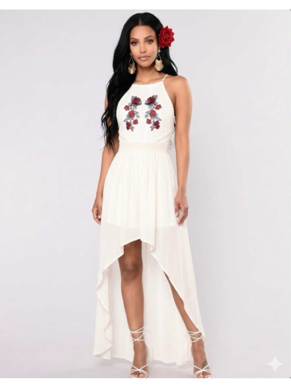 NWT FRANCESCA’S / BLUE RAIN Elina Square Neck Embroidered Maxi/High Low Romper